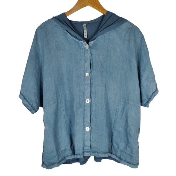 XCVI Tops - XCVI Womens Top Size M Blue Linen Cotton Hooded Pockets Button Front Mixed Media